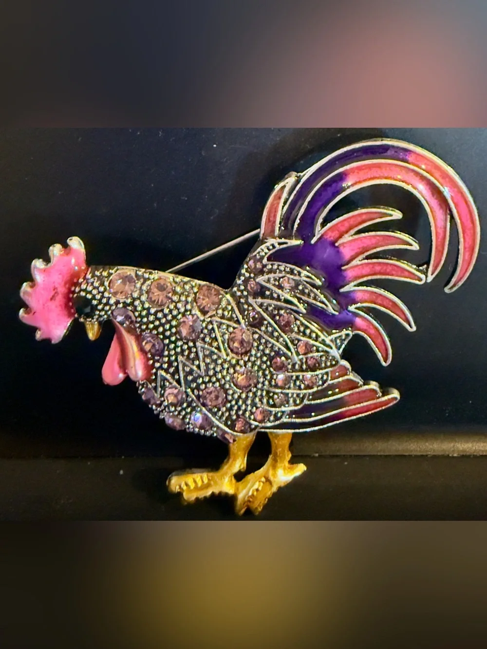 Decorative Purple and Pink Rooster Lapel Pin